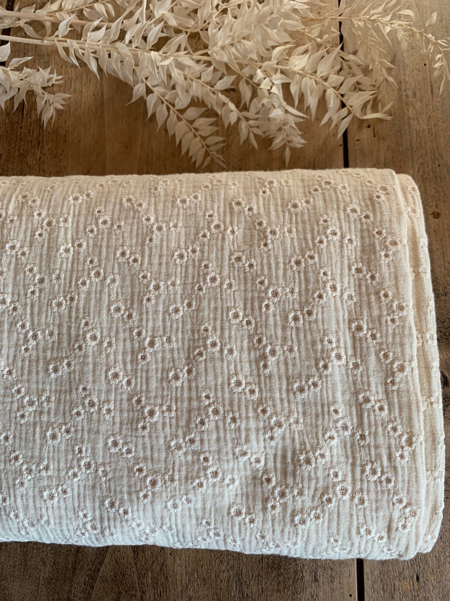 Double Gaze De Coton Brodé - Millefleurs Naturel