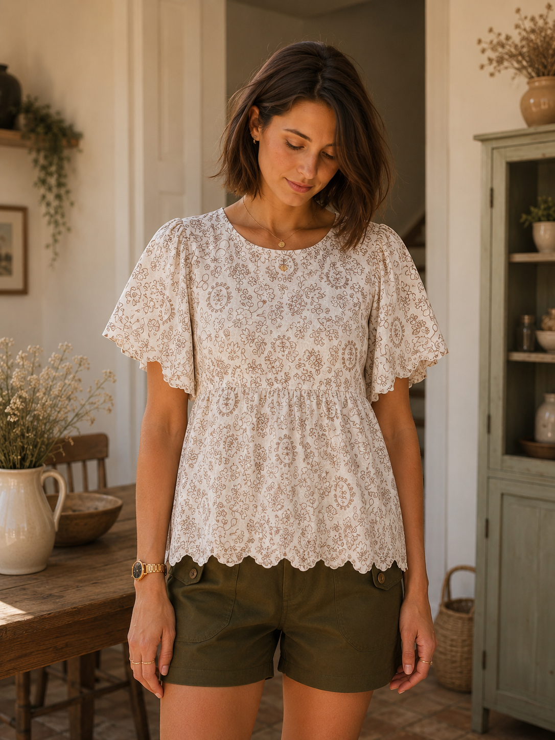 Double Gaze de Coton Fleurs et Fruits Vieux Rose
