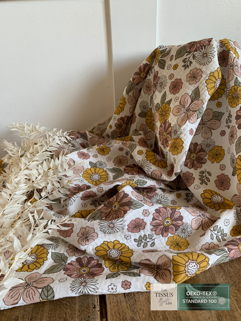 Double Gaze Fleurs Rose et Moutarde