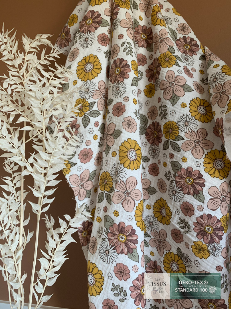 Double Gaze Fleurs Rose et Moutarde