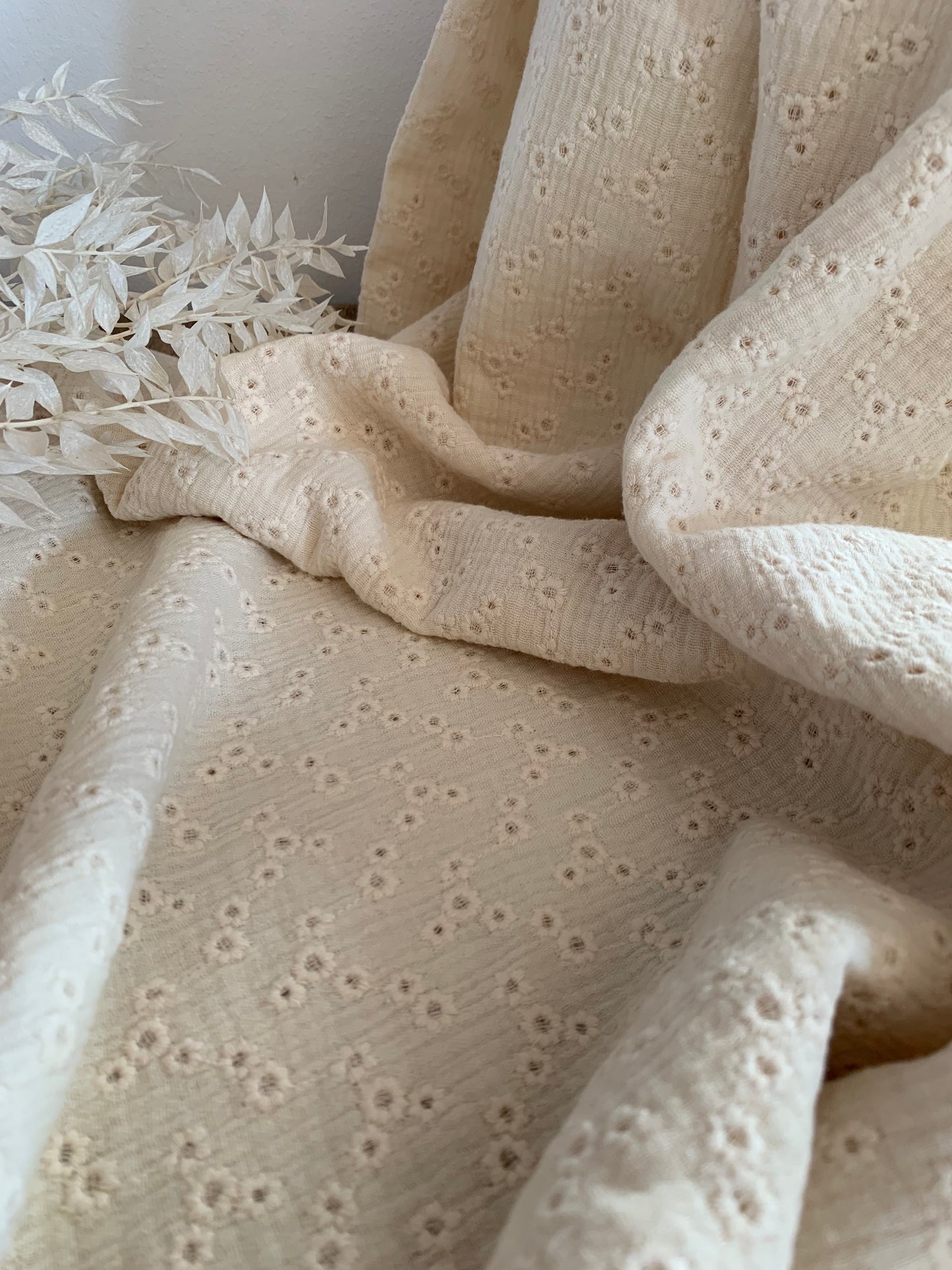 Double Gaze De Coton Brodé - Millefleurs Naturel