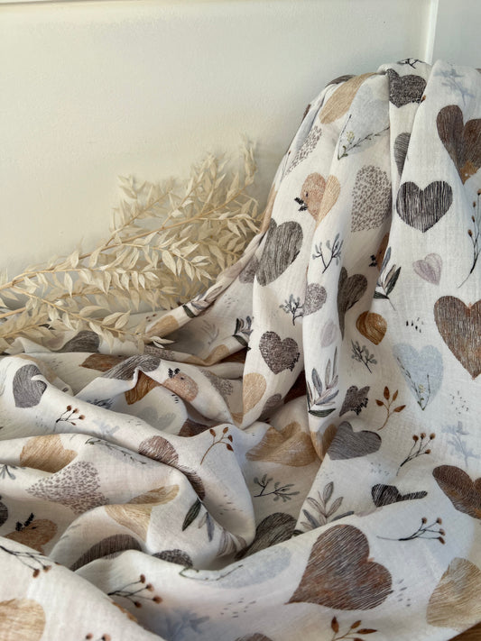 Coupon de 0,55m - Double Gaze Imprimée LOVEGETAL Blanc / Gris