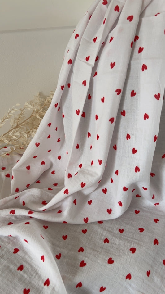 Coupon 1,75 m Double Gaze Cœurs Blanc & Rouge