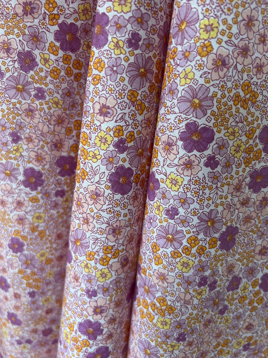 Popeline de coton fleurie Violet & Orange