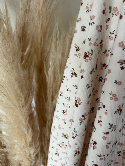 Tissu Double Gaze Imprimée Ludivine Ecru / Rose