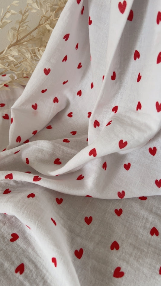 Coupon 1,75 m Double Gaze Cœurs Blanc & Rouge