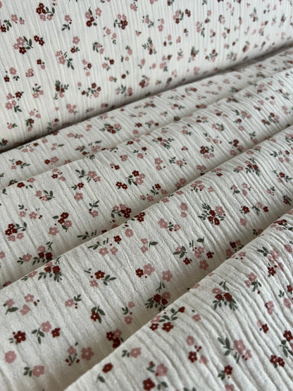 Tissu Double Gaze Imprimée Ludivine Ecru / Rose