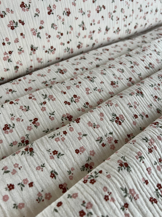 Tissu Double Gaze Imprimée Ludivine Ecru / Rose