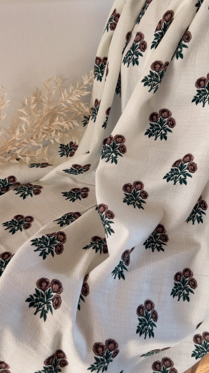 Exclusive – Double gaze de coton Fleurs Sépia