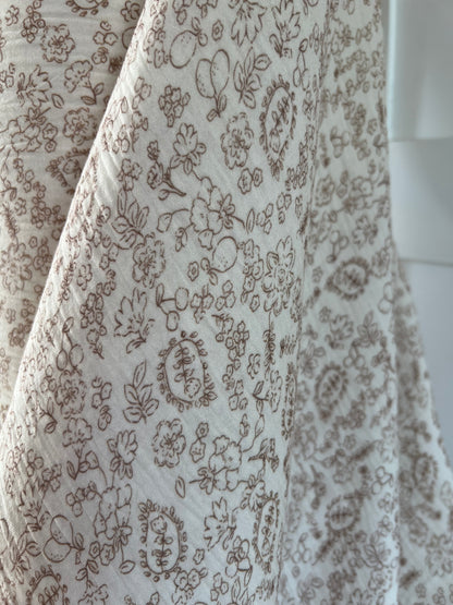 Double Gaze de Coton Fleurs et Fruits Vieux Rose