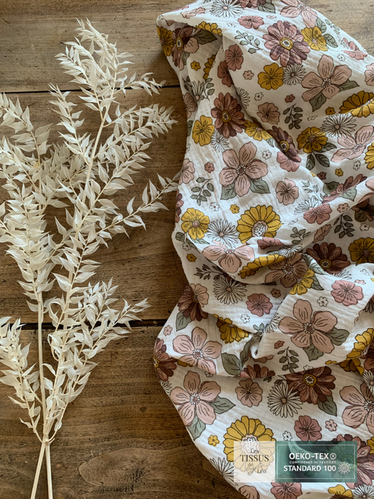Double Gaze Fleurs Rose et Moutarde
