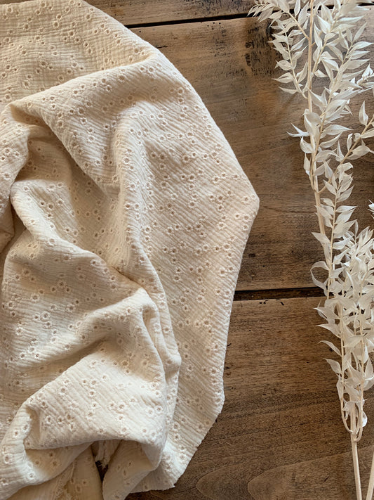 Double Gaze De Coton Brodé - Millefleurs Naturel