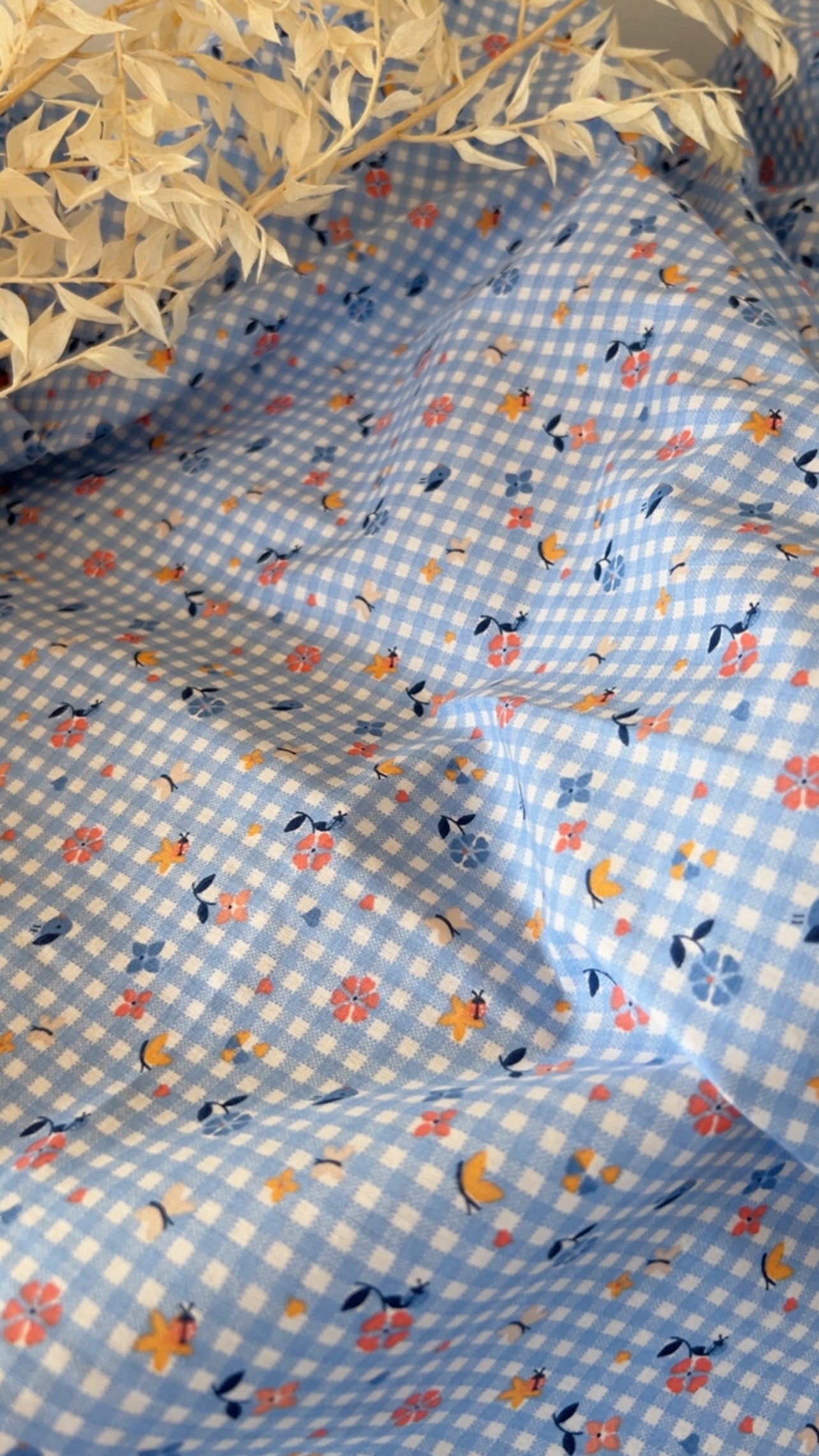 Coton Imprimé Vichy Fleuri Bleu Printemps