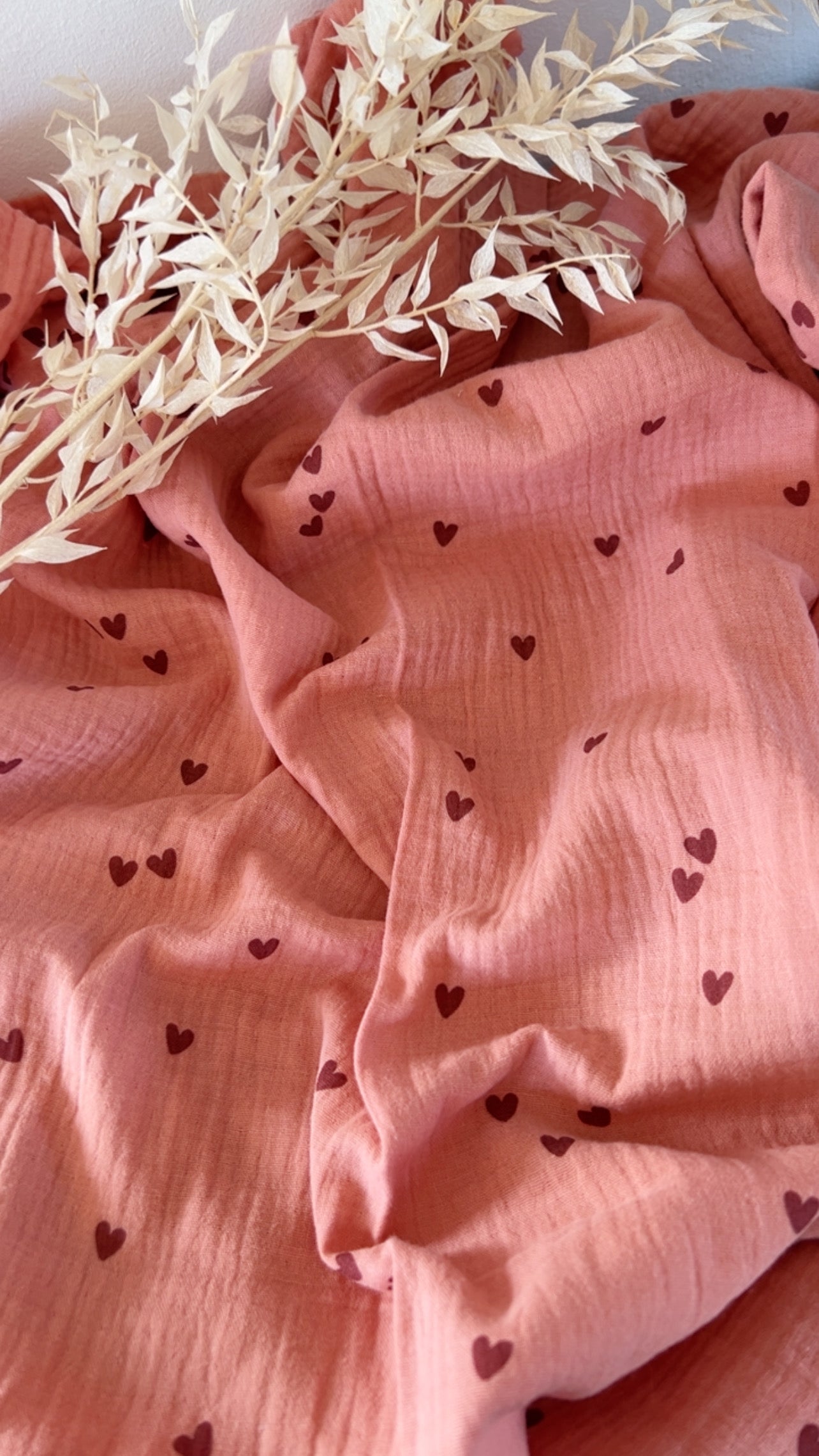 Double Gaze de Coton Petits Cœurs Rose