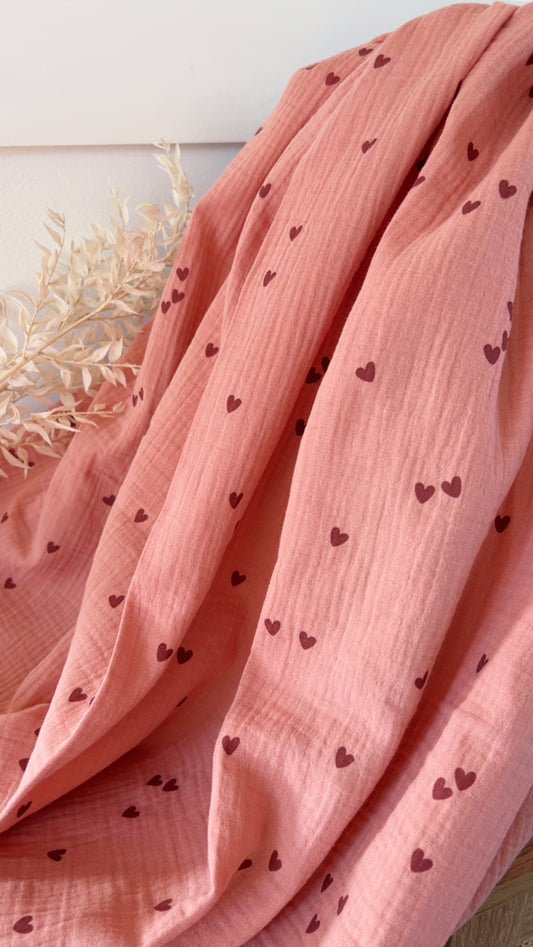 Double Gaze de Coton Petits Cœurs Rose