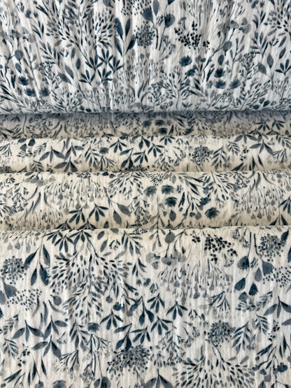 Tissu Double Gaze de Coton Imprimée Florale Blanc / Bleu