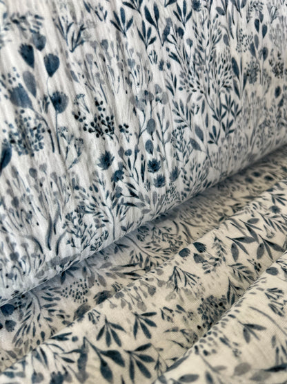 Tissu Double Gaze de Coton Imprimée Florale Blanc / Bleu