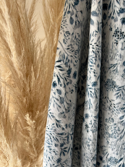 Tissu Double Gaze de Coton Imprimée Florale Blanc / Bleu