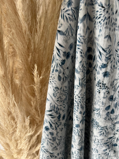 Tissu Double Gaze de Coton Imprimée Florale Blanc / Bleu