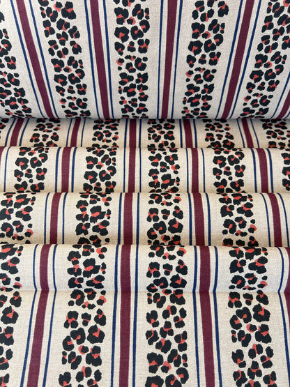Tissu Demi-Natté de Coton Léopard Rayé Beige / Bordeaux
