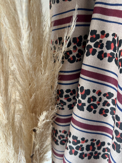 Tissu Demi-Natté de Coton Léopard Rayé Beige / Bordeaux